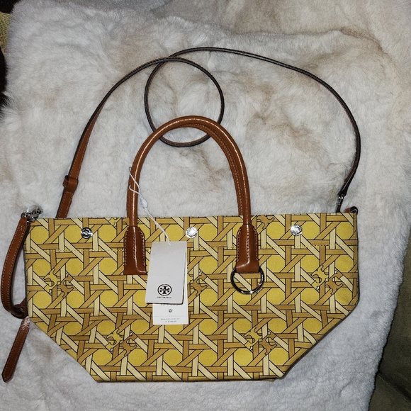 NWT Tory Burch Stylish Canvas Yellow and Brown Small Tote Crossbody - Picture 1 of 6